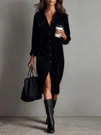 Barbro | Women's Sleeve Midi Button Down Collar Dress in Black
