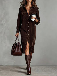 Barbro | Women's Sleeve Midi Button Down Collar Dress in Brown