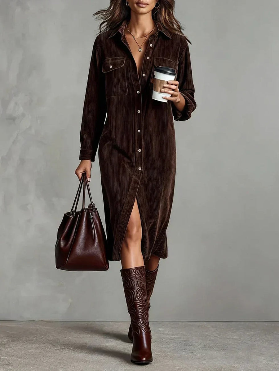 Barbro | Women's Sleeve Midi Button Down Collar Dress in Brown
