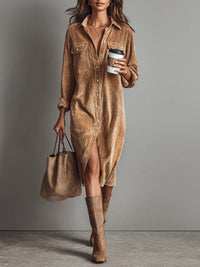 Barbro | Women's Sleeve Midi Button Down Collar Dress in Khaki