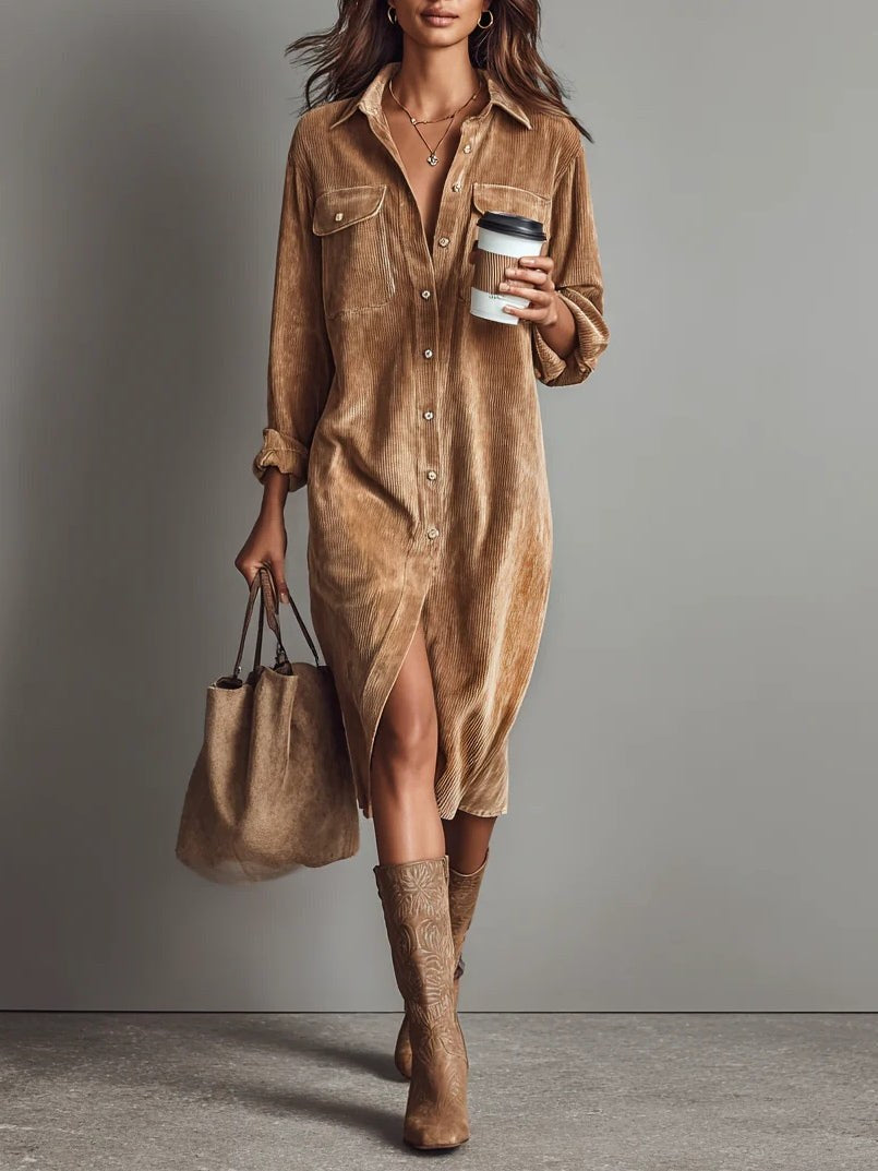 Barbro | Women's Sleeve Midi Button Down Collar Dress in Khaki
