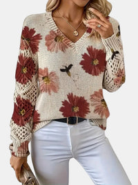 Beatrisa | Women's Floral Knit V-Neck Sweater