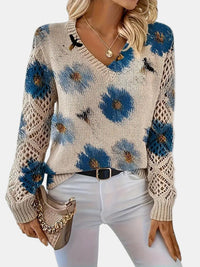 Beatrisa | Women's Floral Knit V-Neck Sweater