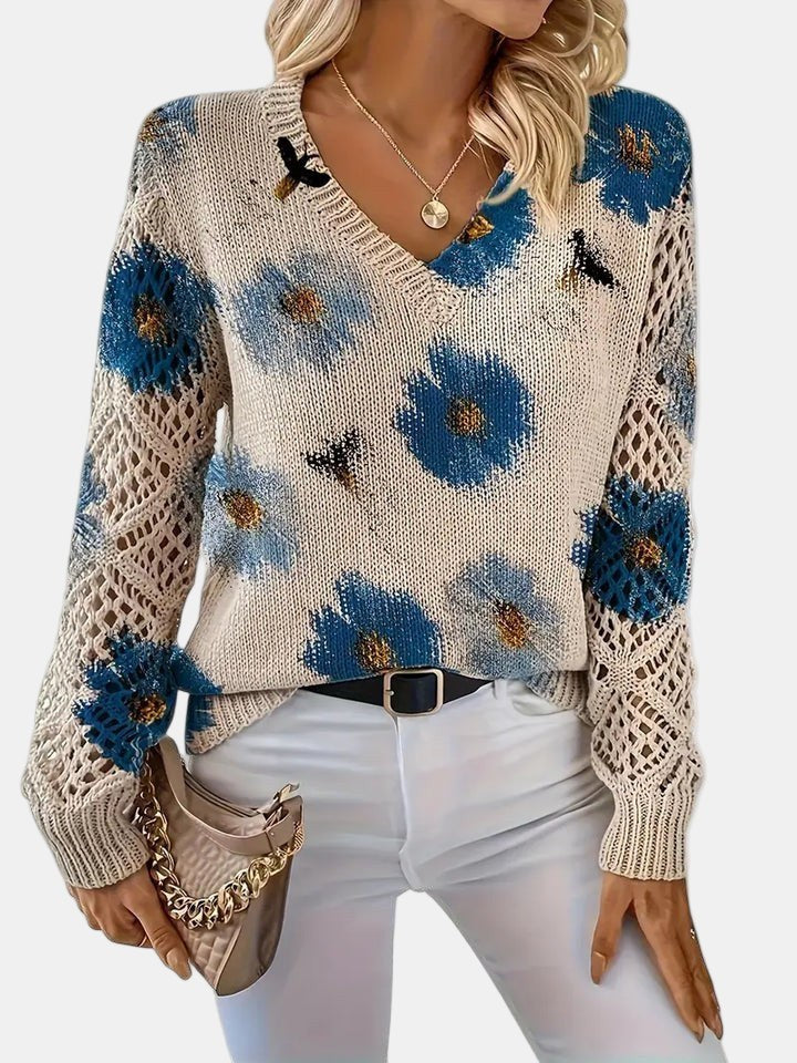 Beatrisa | Women's Floral Knit V-Neck Sweater