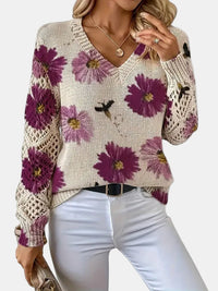 Beatrisa | Women's Floral Knit V-Neck Sweater