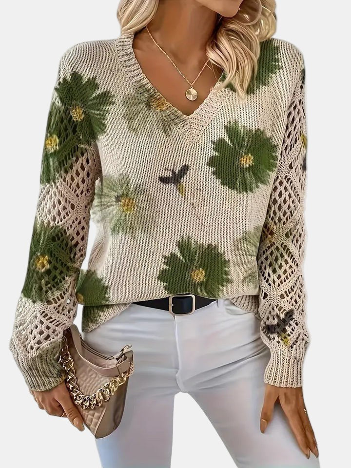 Beatrisa | Women's Floral Knit V-Neck Sweater