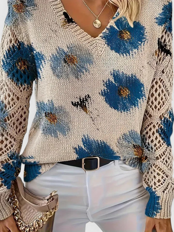 Beatrisa | Women's Floral Knit V-Neck Sweater