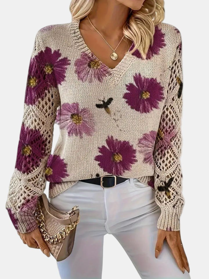 Beatrisa | Women's Floral Knit V-Neck Sweater