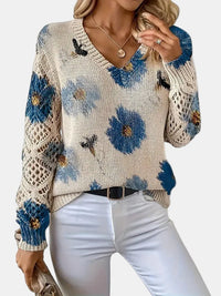 Beatrisa | Women's Floral Knit V-Neck Sweater