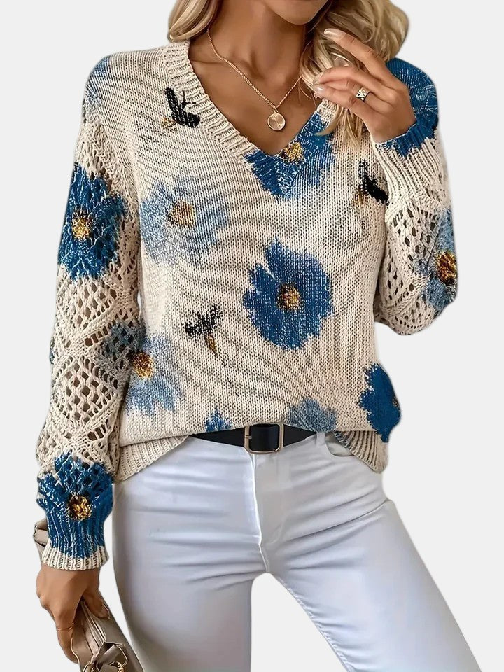 Beatrisa | Women's Floral Knit V-Neck Sweater