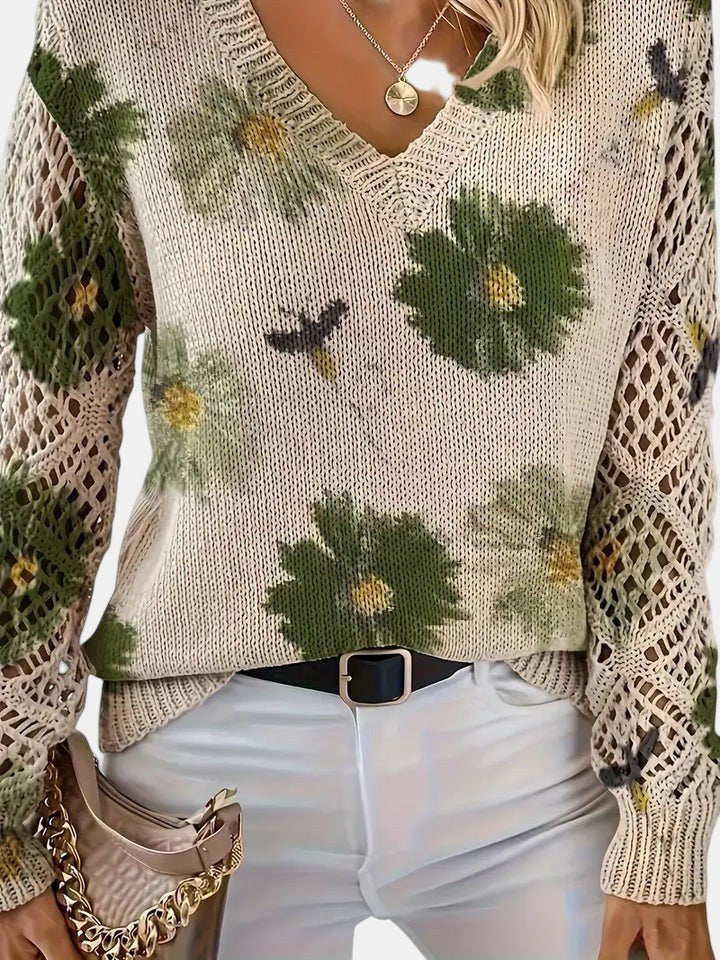 Beatrisa | Women's Floral Knit V-Neck Sweater