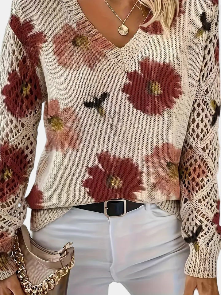 Beatrisa | Women's Floral Knit V-Neck Sweater
