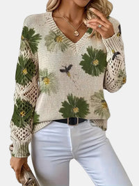 Beatrisa | Women's Floral Knit V-Neck Sweater
