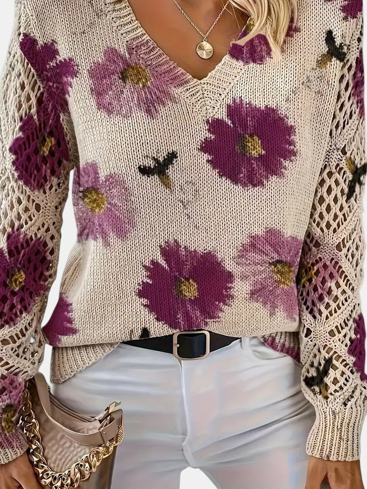 Beatrisa | Women's Floral Knit V-Neck Sweater