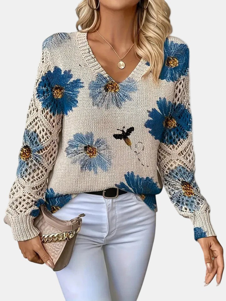Beatrisa | Women's Floral Knit V-Neck Sweater in Blue