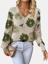 Beatrisa | Women's Floral Knit V-Neck Sweater in Green