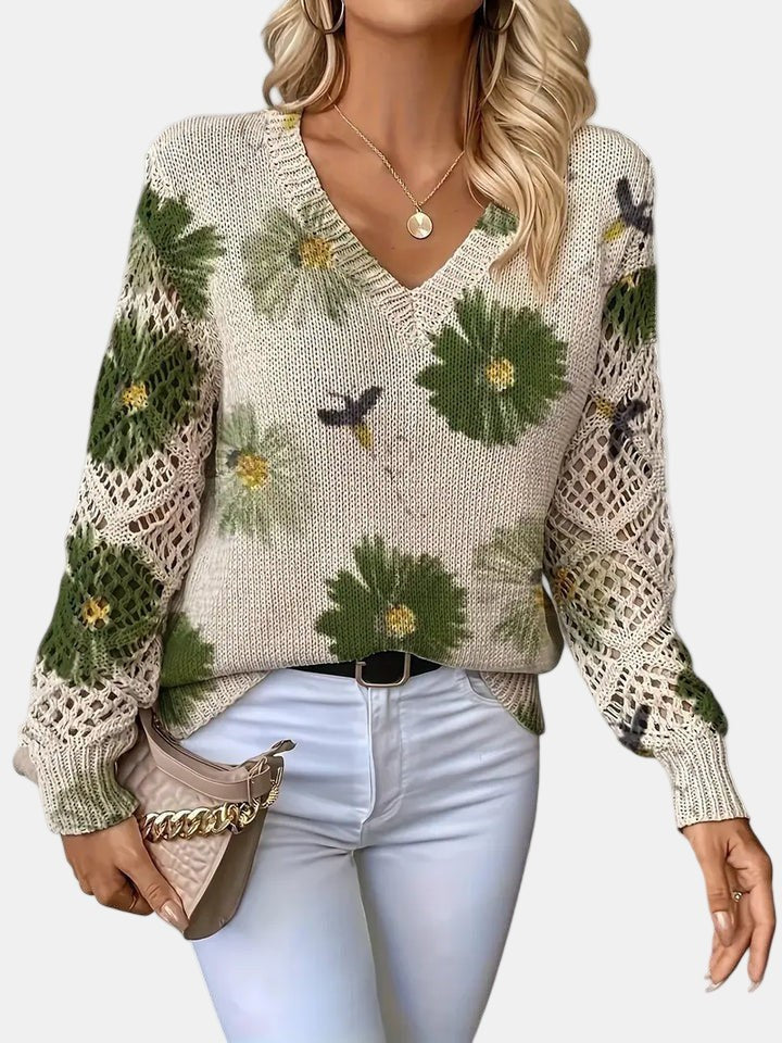 Beatrisa | Women's Floral Knit V-Neck Sweater in Green