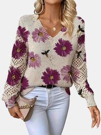 Beatrisa | Women's Floral Knit V-Neck Sweater in Purple