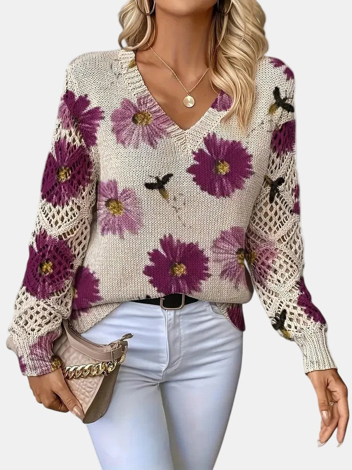 Beatrisa | Women's Floral Knit V-Neck Sweater in Purple