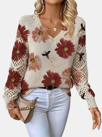 Beatrisa | Women's Floral Knit V-Neck Sweater in Red