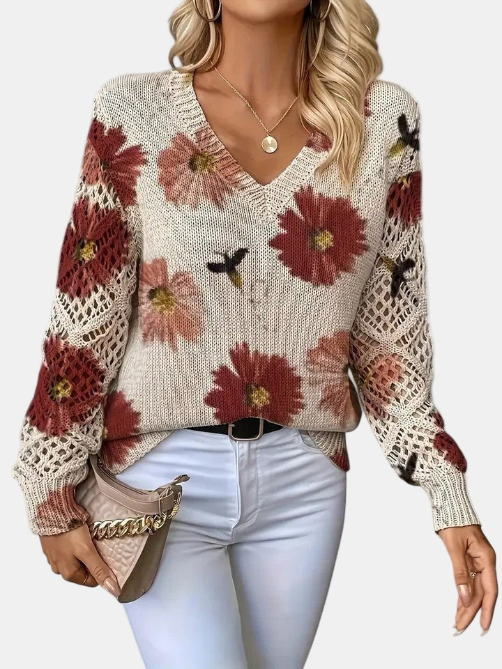 Beatrisa | Women's Floral Knit V-Neck Sweater in Red