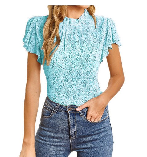 Belinda | Women's Ruffle Detail Floral Elegant Blouse Top in Sky Blue