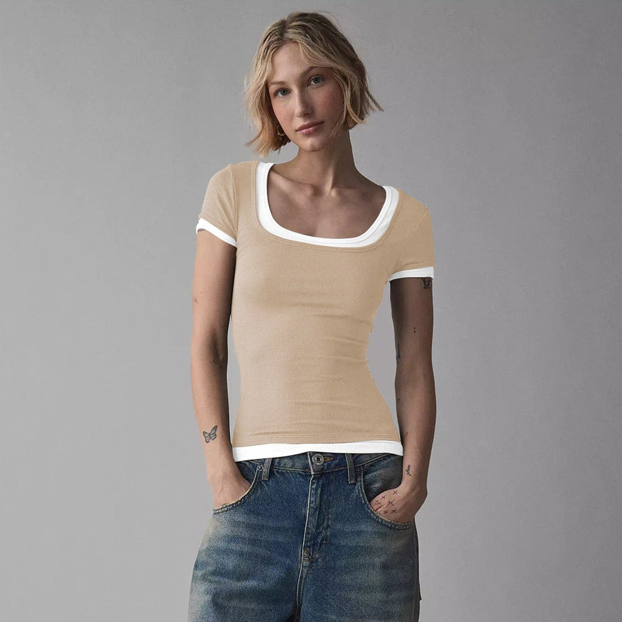 Belisa | Women's Crew Neck Bodycon Top in Apricot