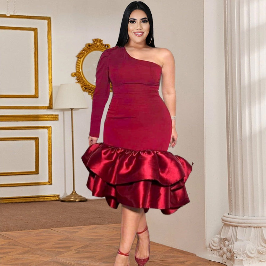 Belisande | Women's Asymmetric Voluminous Ruffle Evening Dress in Wine Red