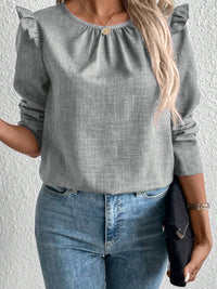 Benedetta | Women's Crew Neck Ruffle Detail Elegant Blouse in Gray