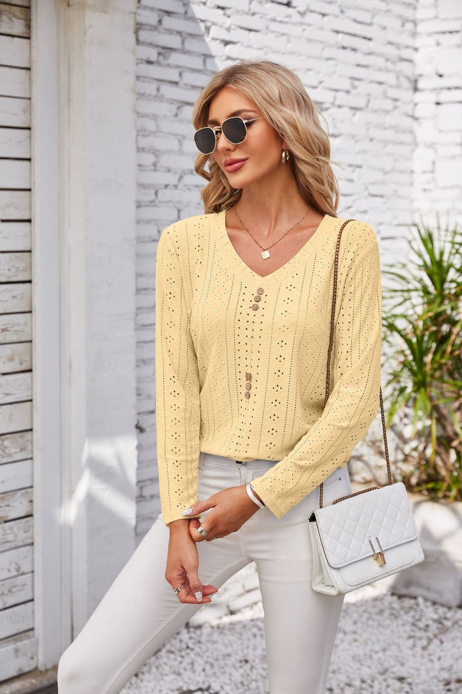 Berangere | Women's Button Detail Blouse Top in Yellow
