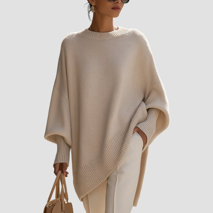 Berthild | Women's Oversized Poncho Ribbed Trim Sweater