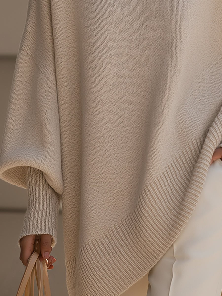 Berthild | Women's Oversized Poncho Ribbed Trim Sweater