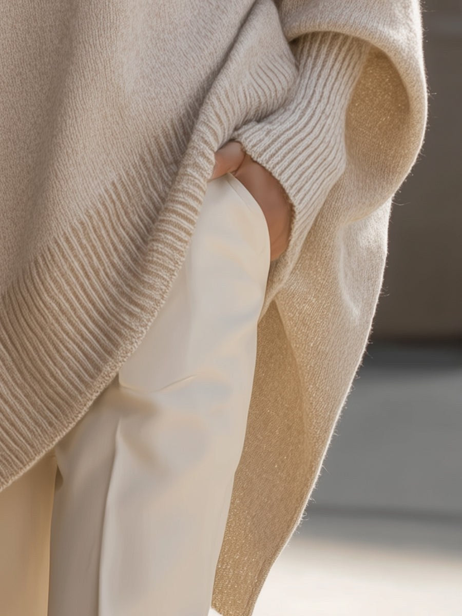 Berthild | Women's Oversized Poncho Ribbed Trim Sweater