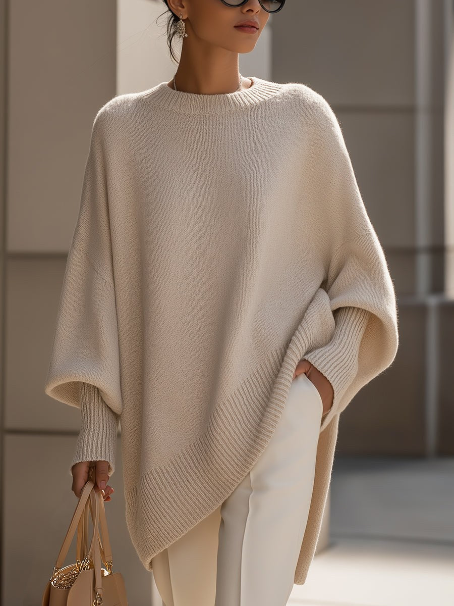 Berthild | Women's Oversized Poncho Ribbed Trim Sweater in Beige