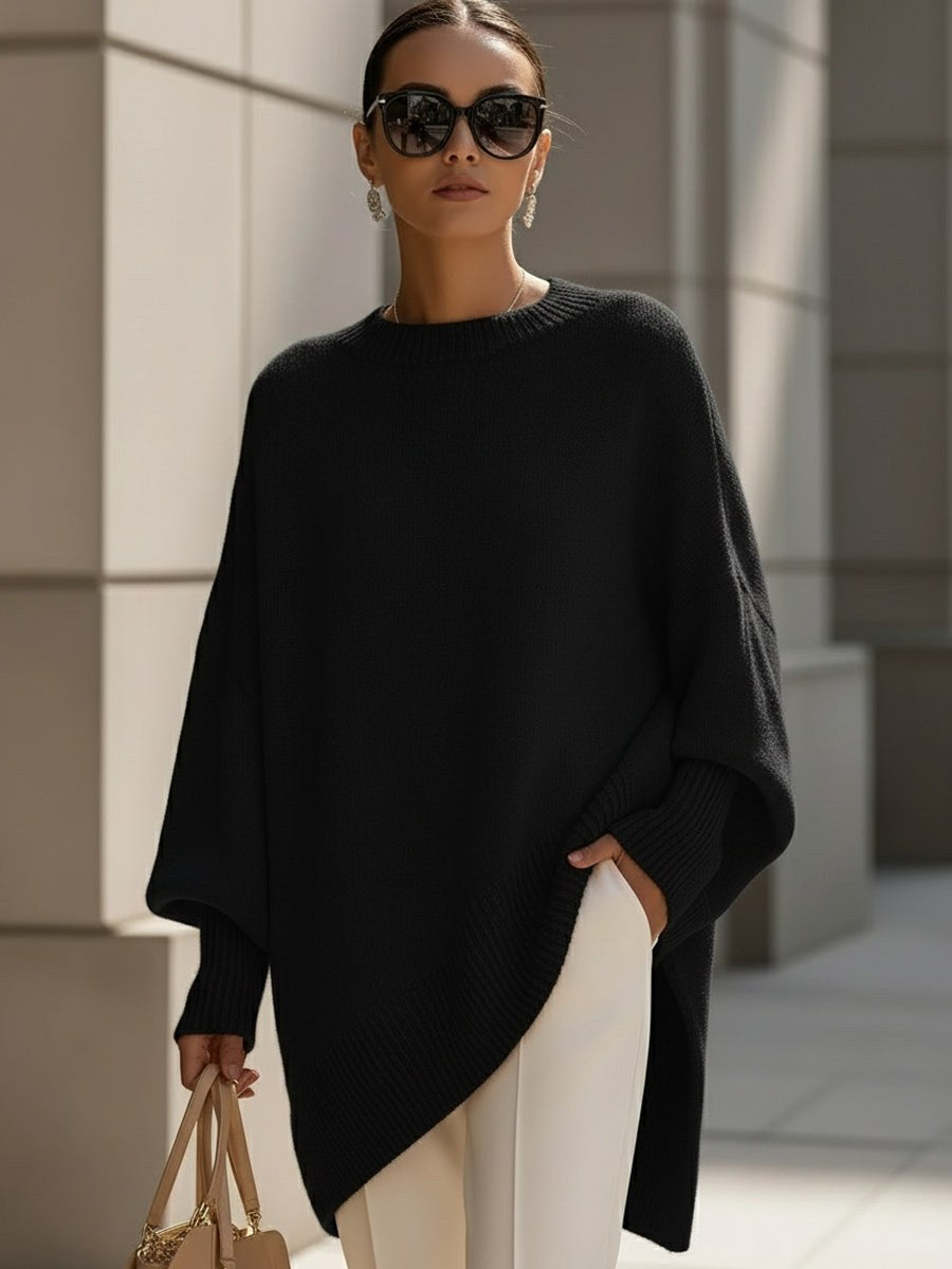 Berthild | Women's Oversized Poncho Ribbed Trim Sweater in Black