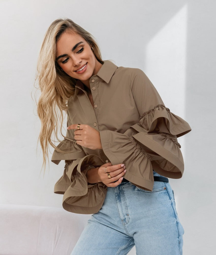 Beth | Women's Voluminous Ruffle Blouse in Khaki