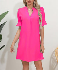 Betony | Women's V-Neck Short Sleeve Elegant Dress in Himbeer Red