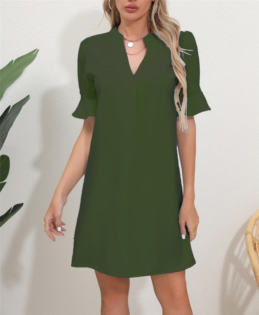 Betony | Women's V-Neck Short Sleeve Elegant Dress in Olive Green