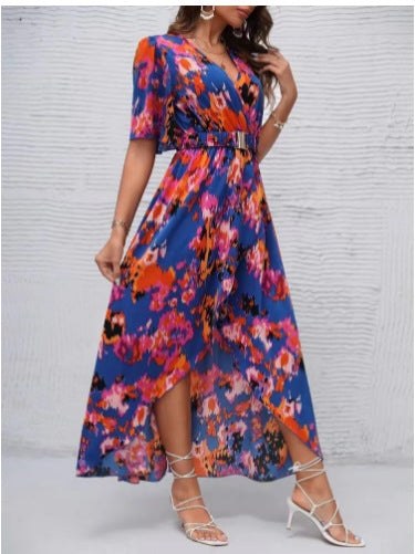 Bianca | Women's Waist Belt Belted Floral Elegant Dress in Blue