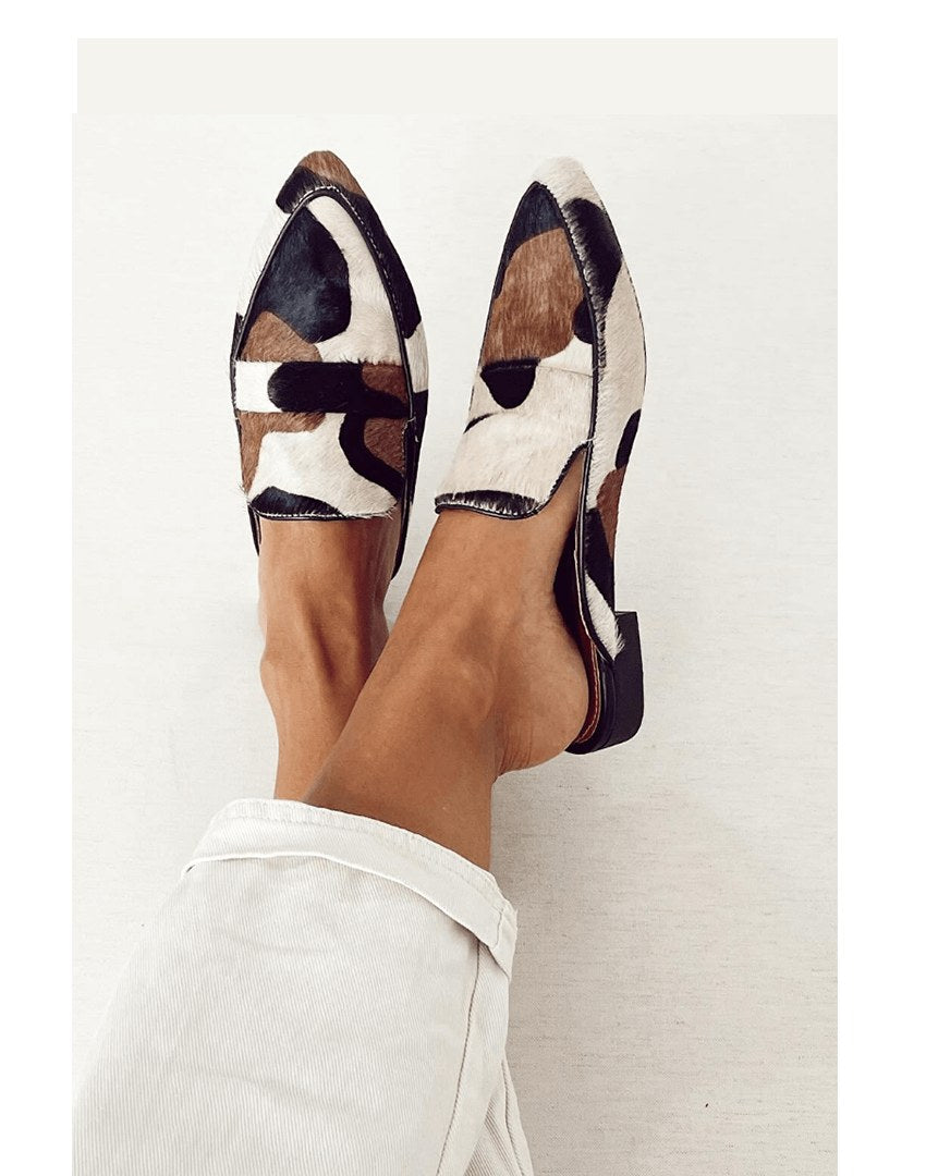 Birgit | Women's Patterned Flat Sole Loafers in Black/White