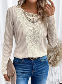 Birgitta | Women's Textured Crochet Detail Sweater in Beige