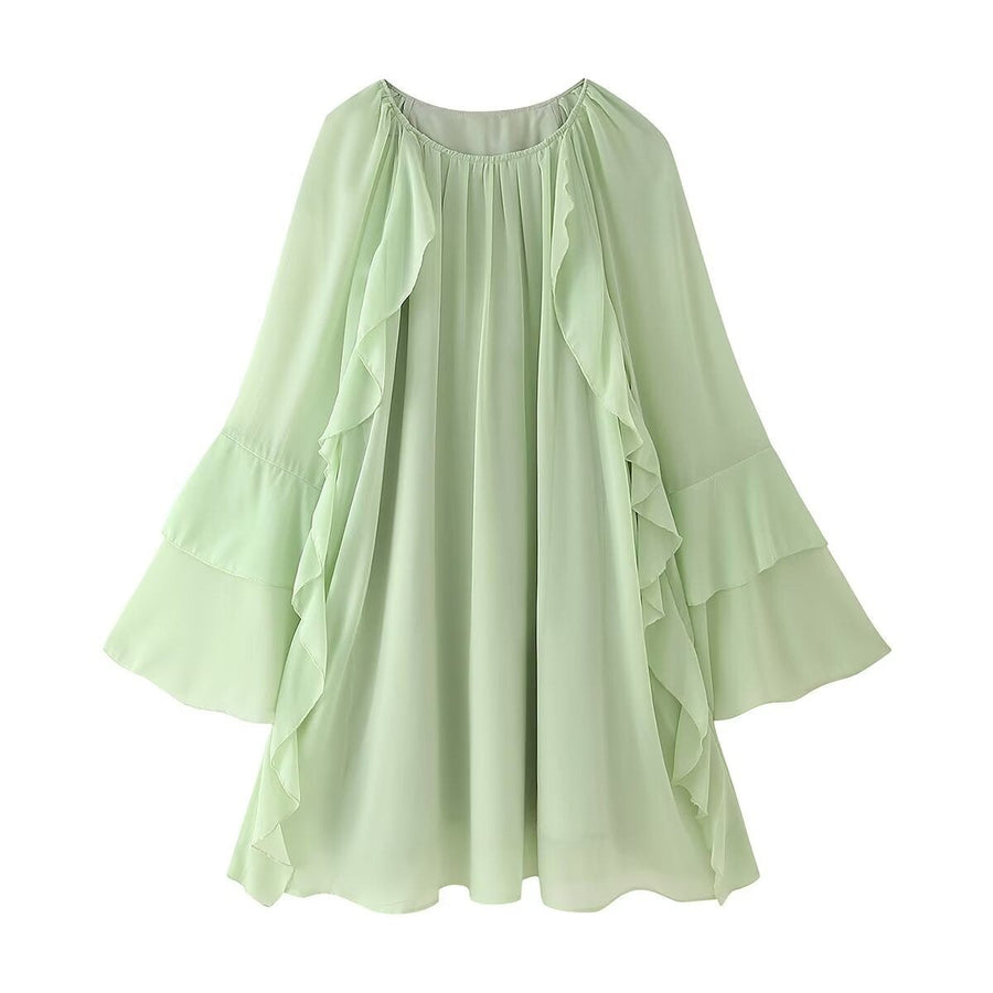 Birgitta | Women's Ruffle Detail Voluminous Maxi Dress in Light Green