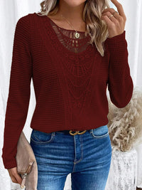 Birgitta | Women's Textured Crochet Detail Sweater in Red