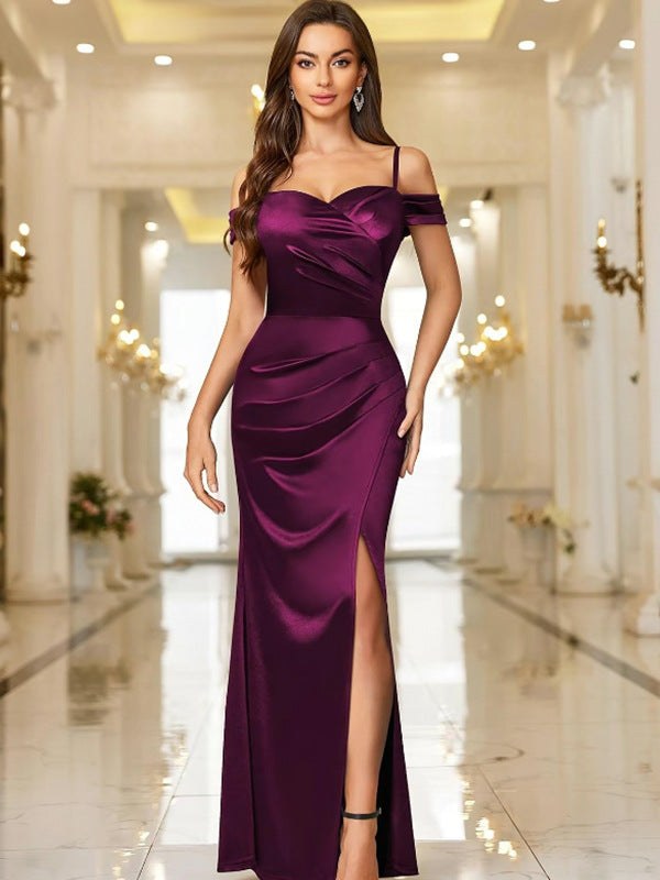 Blair | Women's Asymmetric Slit Elegant Maxi Dress in Wine Red