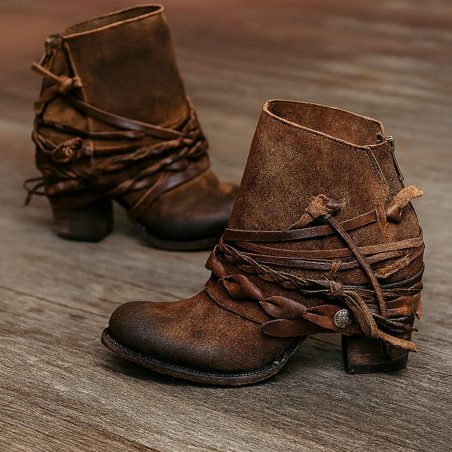 Blair | Women's Boho Western Wrap-Strap Block-Heel Ankle Boots in Brown