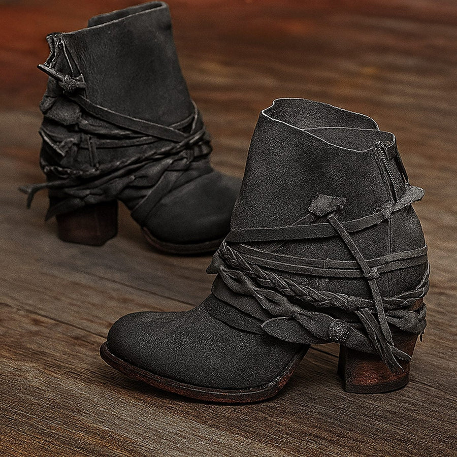 Blair | Women's Boho Western Wrap-Strap Block-Heel Ankle Boots in Gray