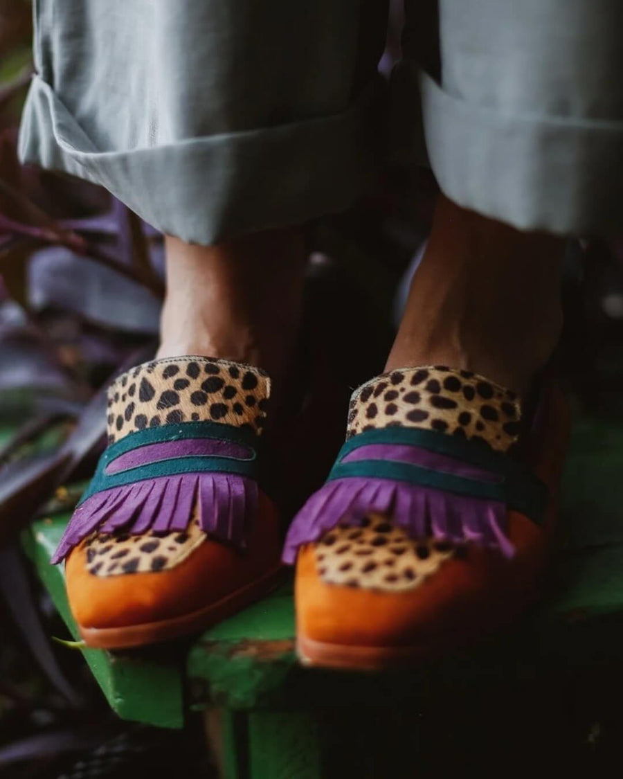 Blanche | Women's Patterned Fringe Detail Loafers in Brown/Purple