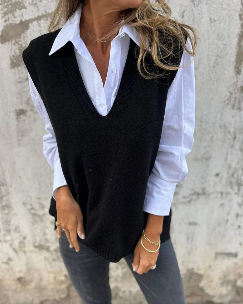 Blandine | Women's V Neck Longline Fit Sweater in Black
