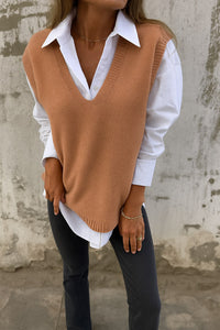 Blandine | Women's V Neck Longline Fit Sweater in Brown