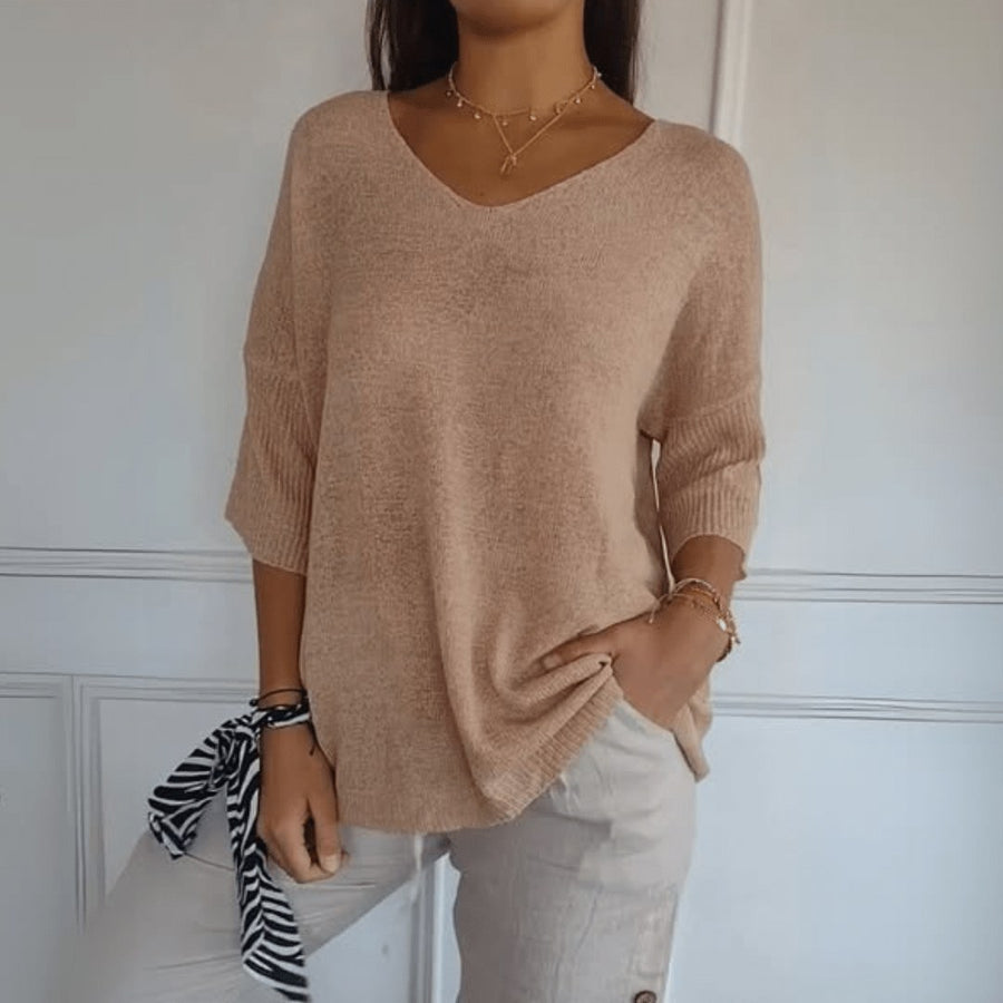 Blodeuwedd | Women's V-Neck Loose Silhouette Sweater in Apricot